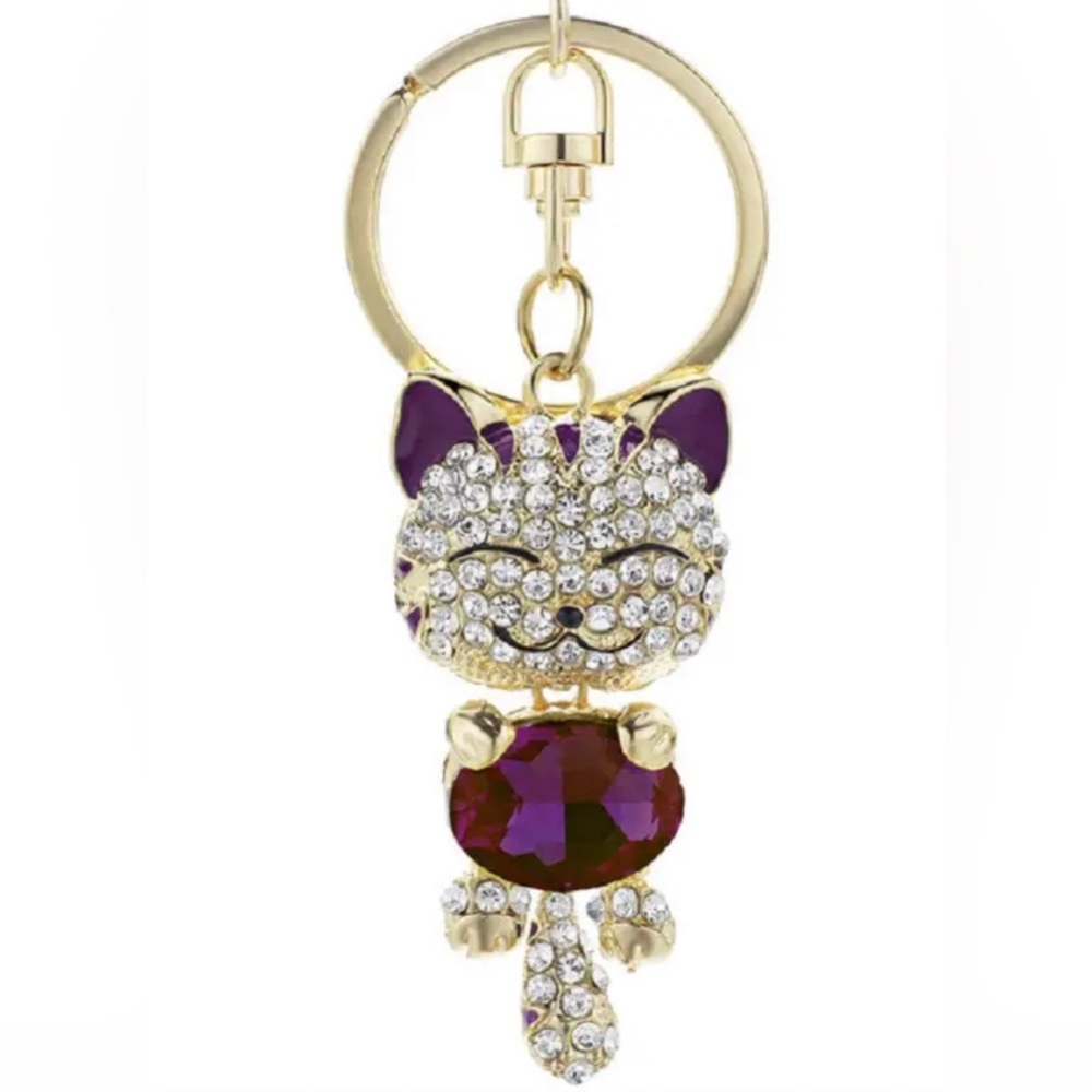 18K Gold Plated Purple Crystal Rhinestone Cat Keychain